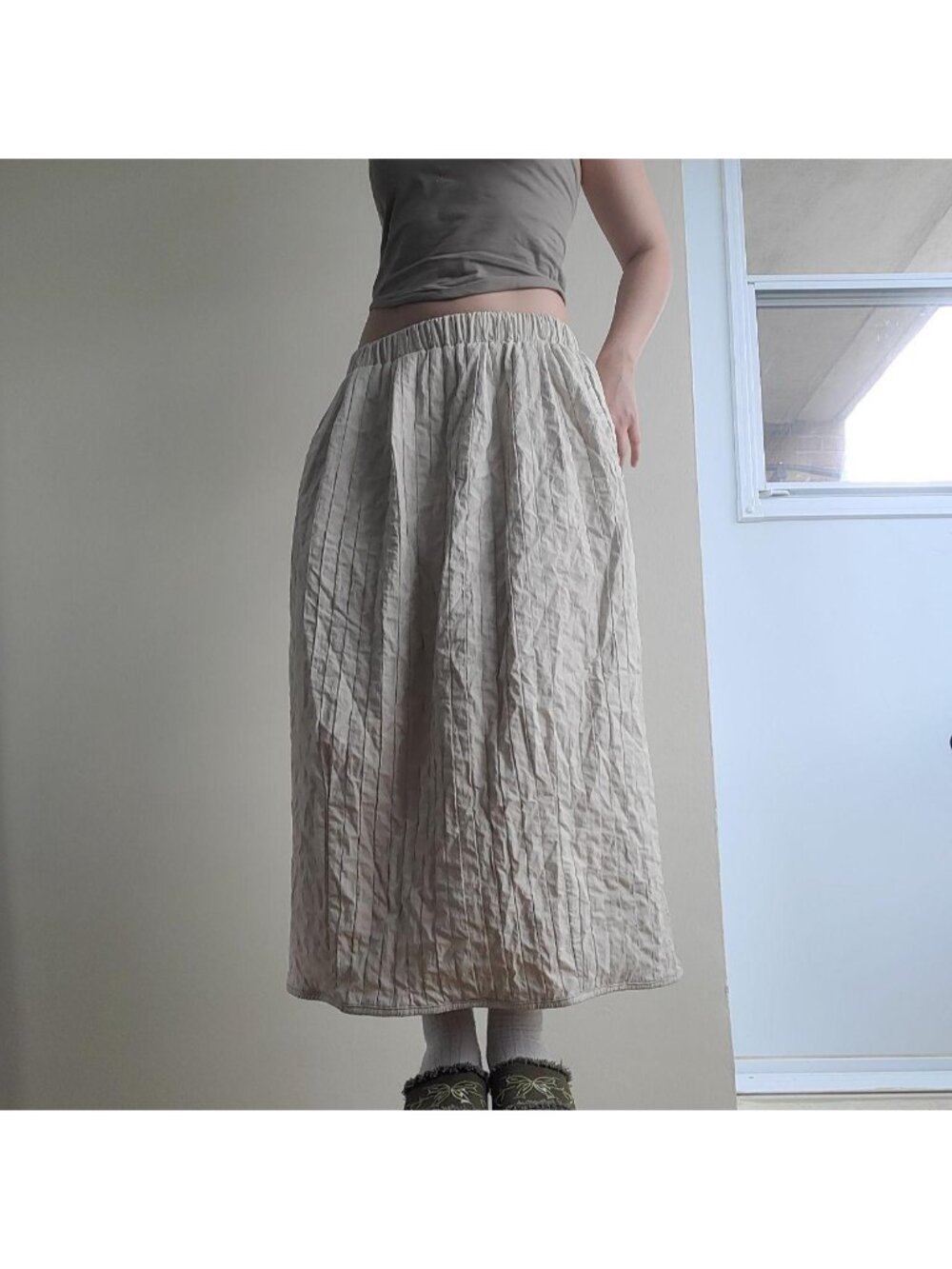 Beige Quilted Padded Structural Puffer Winter Maxi Skirt (One Size)